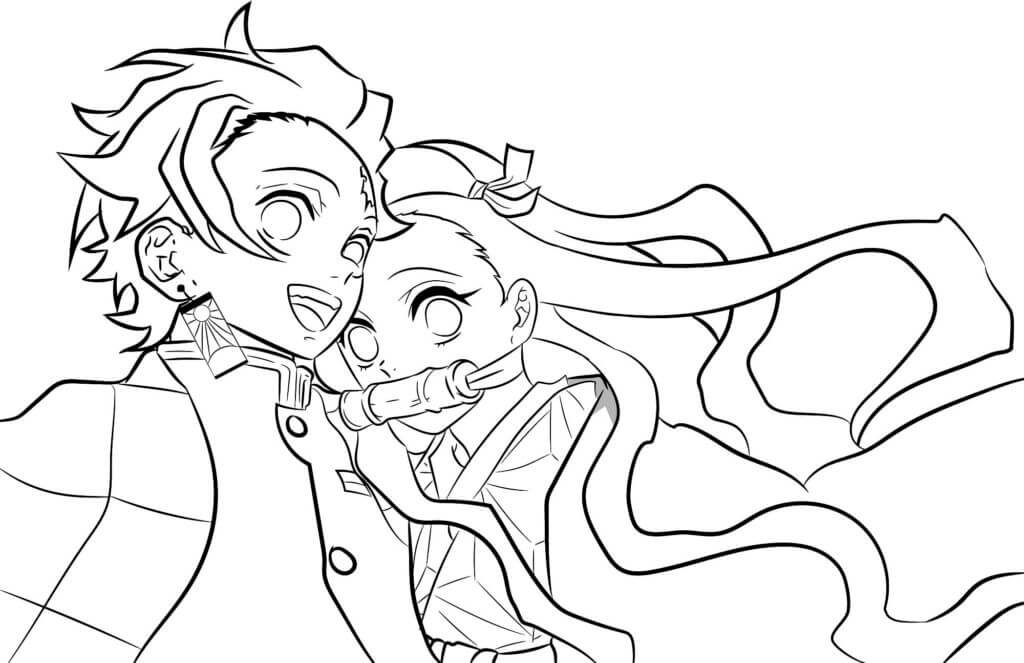 Manga Nezuko and Tanjiro Coloring Page · Creative Fabrica