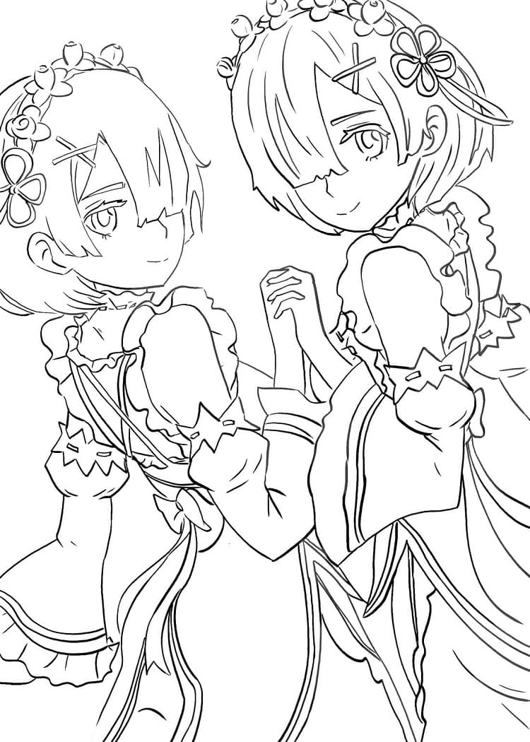 Rem and Ram Coloring Page - Anime Coloring Pages